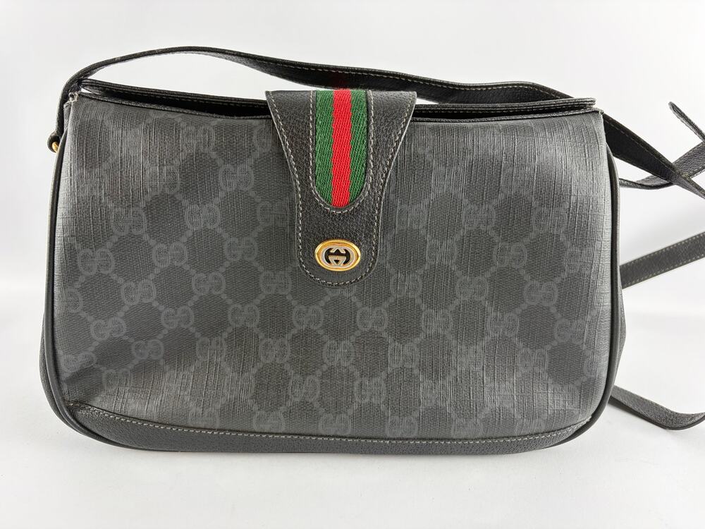 Vintage Gucci GG Canvas Shoulder Bag Black Web Stripe GG Emblem Leather Trim